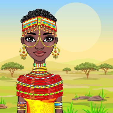 Eski giysiler içinde güzel bir Afrikalı kız portresi. Bir arka plan - Afrika savana. Vektör çizim.
