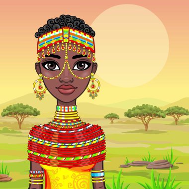 Eski giysiler içinde güzel bir Afrikalı kız portresi. Bir arka plan - Afrika savana. Vektör çizim.