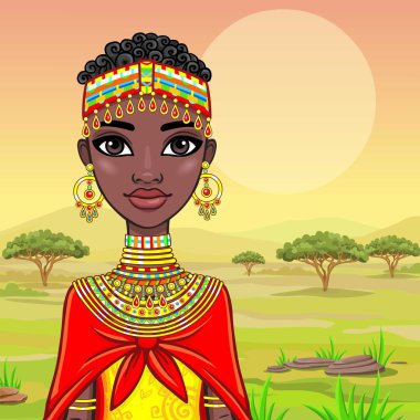 Eski giysiler içinde güzel bir Afrikalı kız portresi. Bir arka plan - Afrika savana. Vektör çizim.