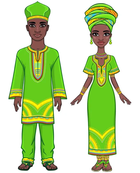 Az afrikai család animációs portréja etnikai ruhában. Teljes növekedés. A vektoros illusztráció izolált fehér alapon. — Stock Vector