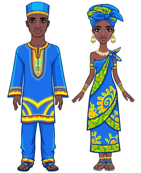 Animovaný portrét africké rodiny v etnických šatech. Plný růst. Vektorová ilustrace izolovaná na bílém pozadí. — Stockový vektor