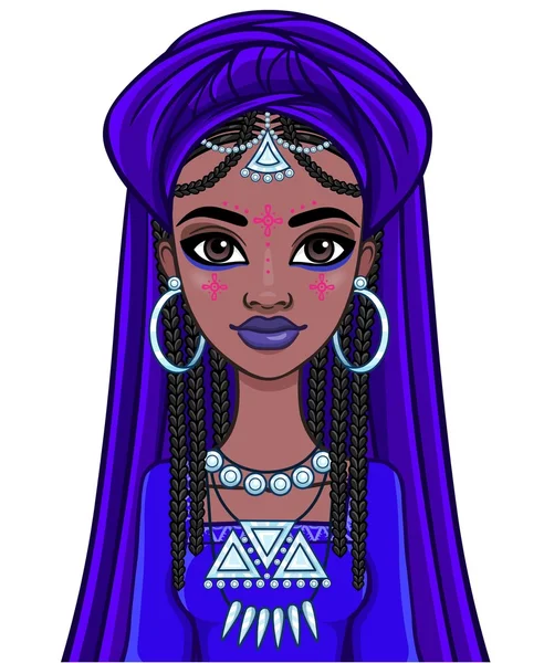 Beautiful animation African princess in ancient clothes and a turban. The vector illustration isolated on a white background. — Stock Vector