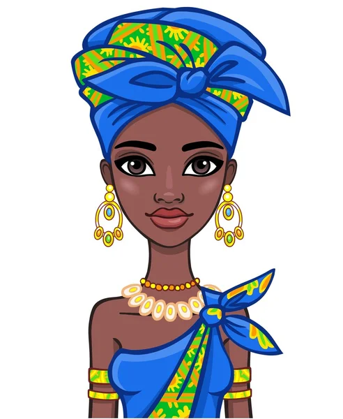 Animatie portret voor het aantrekkelijk Afrikaanse meisje. De vectorillustratie geïsoleerd op een witte achtergrond. — Stockvector