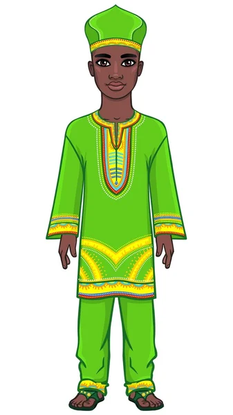 Animovaný portrét afrického muže v jasných šatech. Plný růst. Vektorová ilustrace izolovaná na bílém pozadí. — Stockový vektor