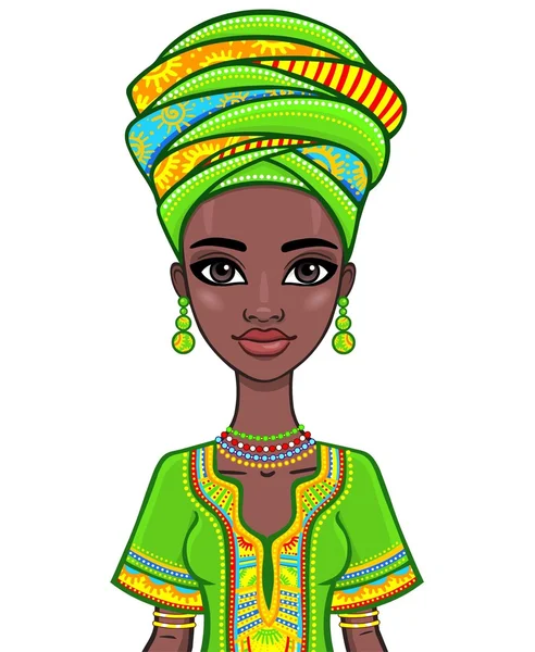 动画的迷人的非洲女孩的画像。在白色背景上孤立，矢量图. — 图库矢量图片