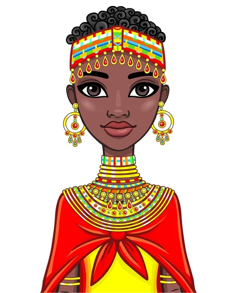 Portrait d'animation de la jolie fille africaine. L'illustration vectorielle isolée sur fond blanc . — Image vectorielle