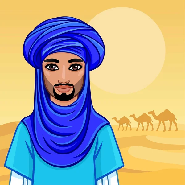 Animation portrait of the Arab man in a turban. A background - the desert, a caravan of camels. Vector illustration. — Stock Vector