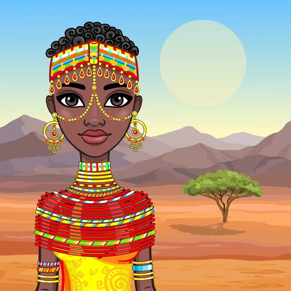 Porträtt av en vacker afrikansk flicka i gamla kläder. Bakgrund - öknen. Vektorillustration. — Stock vektor