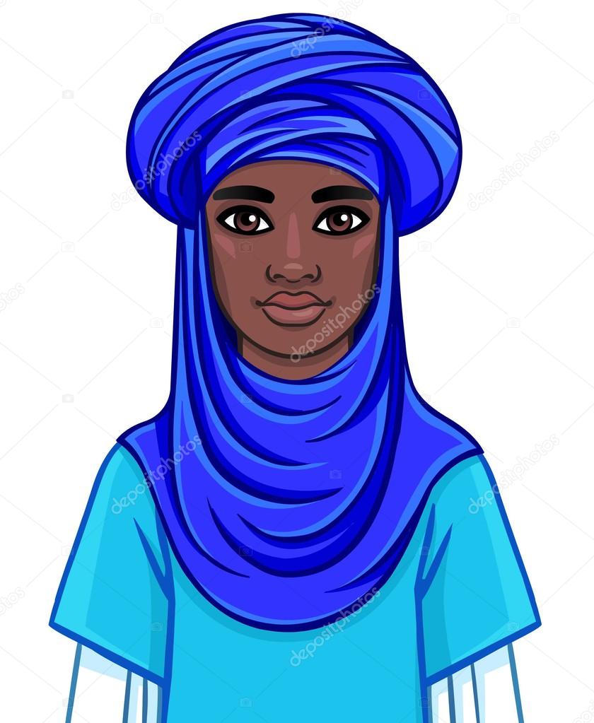 Animation portrait of the African man in a turban. The vector illustration isolated on a white background.