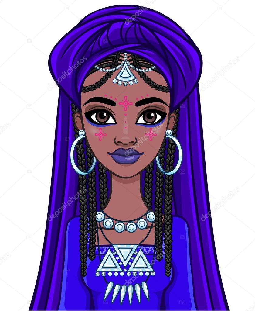 Beautiful animation African princess in ancient clothes and a turban. The vector illustration isolated on a white background.