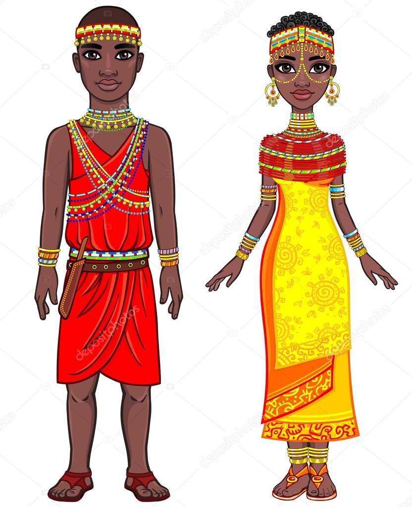 Animation portrait of a family of the African natives. Full growth. The vector illustration isolated on a white background.