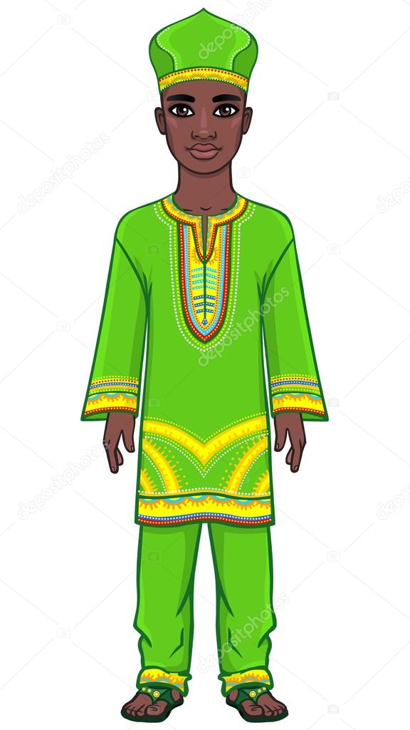 Animation portrait of the African man in bright clothes. Full growth. The vector illustration isolated on a white background.