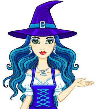 Animasyon güzel cadı. Beyaz bir arka plan üzerinde izole vektör çizim.