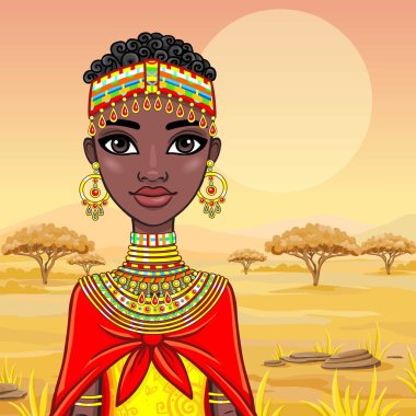 Eski giysiler içinde güzel bir Afrikalı kız portresi. Bir arka plan - Afrika savana. Vektör çizim.