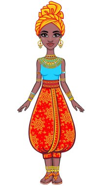 Animasyon çekici Afrikalı kız portresi. Tam büyüme. Beyaz bir arka plan üzerinde izole vektör çizim.