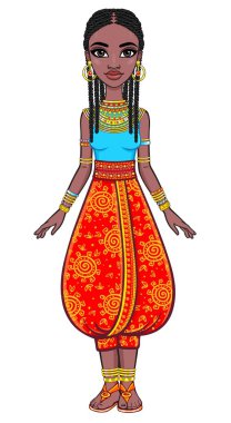 Animasyon çekici Afrikalı kız portresi. Tam büyüme. Beyaz bir arka plan üzerinde izole vektör çizim.
