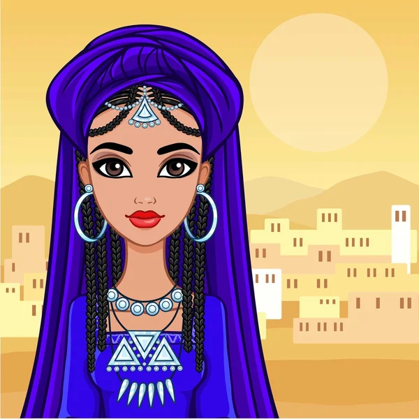 Portrait animé de la princesse arabe dans un turban. Un fond - le désert, la ville de l'Est. Illustration vectorielle . — Image vectorielle