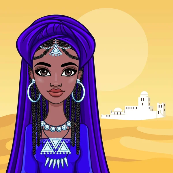 Belle animation princesse africaine en vêtements anciens et un turban. Contexte - barkhans du désert, silhouette du palais. Illustration vectorielle . — Image vectorielle