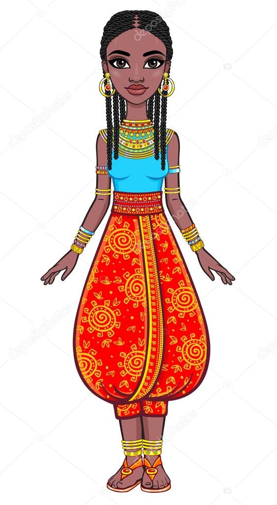 Animation portrait of the attractive African girl. Full growth. The vector illustration isolated on a white background.