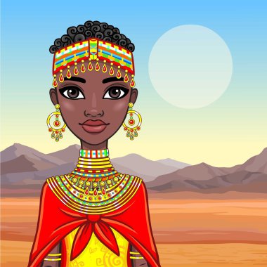 Animasyon çekici Afrikalı kız portresi. Arka plan - çöl. Vektör çizim.