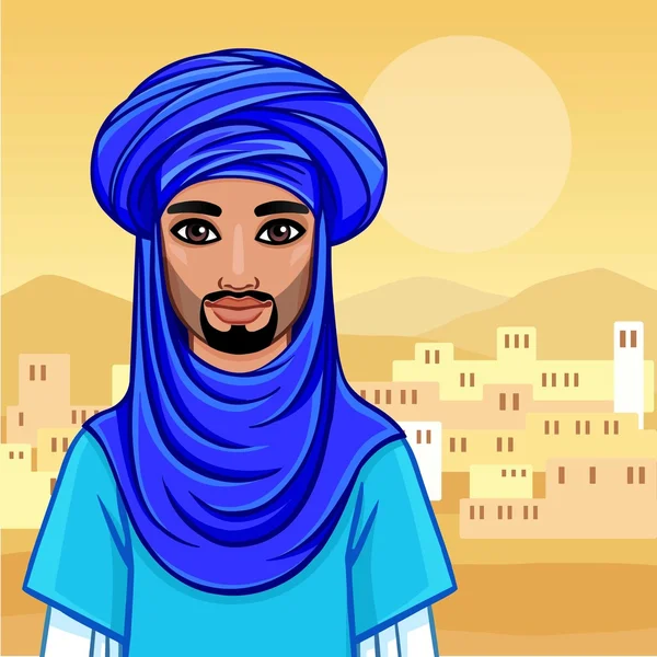 Анимационный портрет араба в тюрбане. Фон - пустыня, восточный город. Векторная иллюстрация . — стоковый вектор