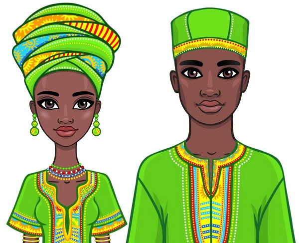 Animation portrait of the African family in ethnic clothes. The vector illustration isolated on a white background. — Stock Vector