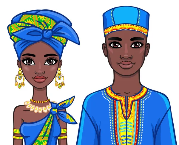 Анімація портрет африканської родині в етнічний одяг. Векторні ілюстрації, ізольовані на білому фоні. — стоковий вектор