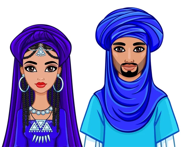 Portret van de animatie van de Arabische familie in etnische kleding. De vectorillustratie geïsoleerd op een witte achtergrond. — Stockvector
