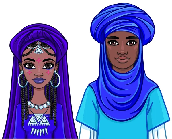 Animasyon etnik giysiler içinde Afrika aile portresi. Beyaz bir arka plan üzerinde izole vektör çizim. — Stok Vektör