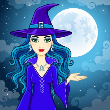 Gece gökyüzü ve ay bir arka plan üzerinde şapkalı bir animasyon sevimli cadı. Vektör çizim