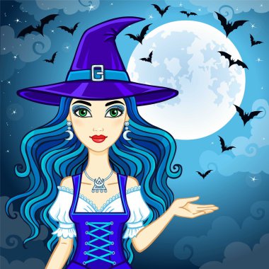 Gece gökyüzü ve ay bir arka plan üzerinde şapkalı bir animasyon sevimli cadı. Vektör çizim