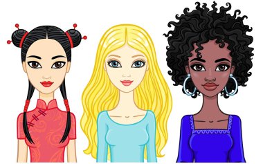 Set of girls of different ethnicities. Vector illustration isolated on a white background. vector Set of girls of different ethnicities. Vector illustration isolated on a white background. vector
