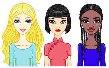 Set of girls of different ethnicities and cultures. Vector illustration isolated on a white background. vector Set of girls of different ethnicities and cultures. Vector illustration isolated on a white background. vector