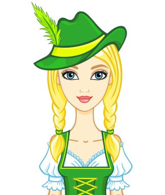 Eski bir Bavyera elbiseli animasyon portre genç kız. Beyaz bir arka plan üzerinde izole vektör çizim.