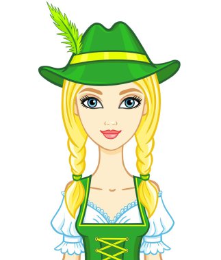 Eski bir Bavyera elbiseli animasyon portre genç kız. Beyaz bir arka plan üzerinde izole vektör çizim.