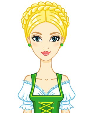 Eski bir Bavyera elbiseli animasyon portre genç kız. Beyaz bir arka plan üzerinde izole vektör çizim.