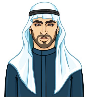 Bir keffiyeh genç çekici Arap adam Portresi. o vektör illüstrasyon beyaz bir arka plan üzerinde izole.