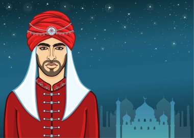 Türbanlı Arap adamın animasyon portresi. Arka plan - gece yıldızı gökyüzü, bir saray silueti. Vektör çizimi.