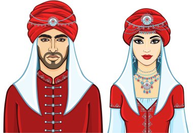 Eski giysiler içinde bir animasyon Arap ailesinin portresi. Beyaz bir arka plan üzerinde yalıtılmış vektör çizimi.