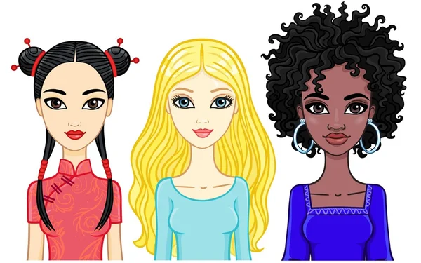 Meg a lányok a különböző etnikities. Fehér háttéren izolált vektorillusztráció. — Stock Vector