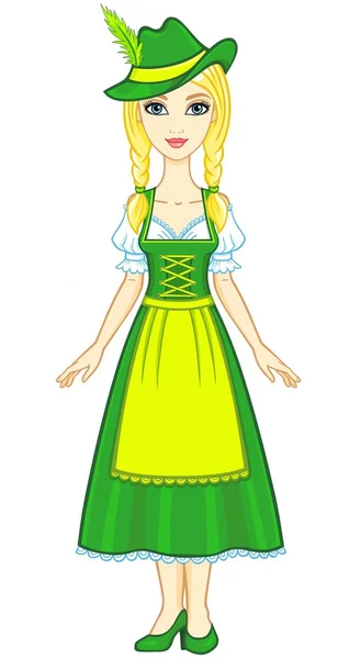 Muchacha joven de animación en un vestido bávaro antiguo y un sombrero. Crecimiento total. La ilustración vectorial aislada sobre un fondo blanco . — Archivo Imágenes Vectoriales