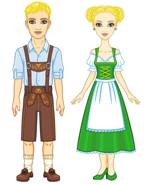 Retrato de animación de la familia bávara ropa tradicional antigua. Crecimiento total. La ilustración vectorial aislada sobre un fondo blanco . — Vector de stock