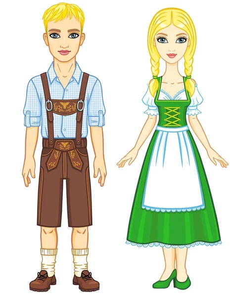 Анимационный портрет баварской семьи старинной традиционной одежды. Полный рост. Векторная иллюстрация на белом фоне . — стоковый вектор