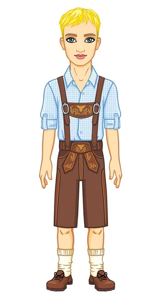 Antik Bavyera giysileri Avrupa görünüm animasyon genç adam. Tam büyüme. Beyaz bir arka plan üzerinde yalıtılmış vektör çizimi. — Stok Vektör