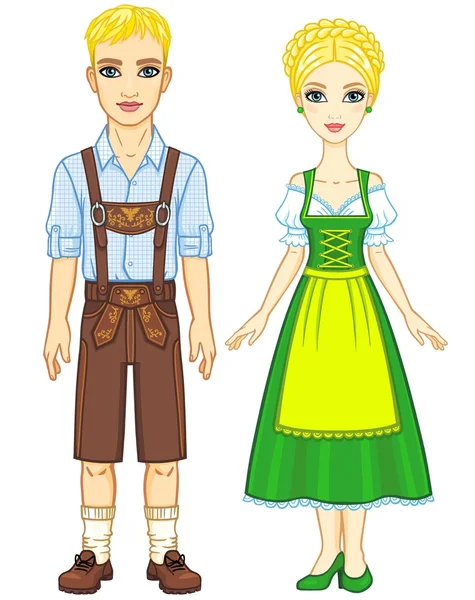 Retrato de animación de la familia bávara ropa tradicional antigua. Crecimiento total. La ilustración vectorial aislada sobre un fondo blanco . — Vector de stock