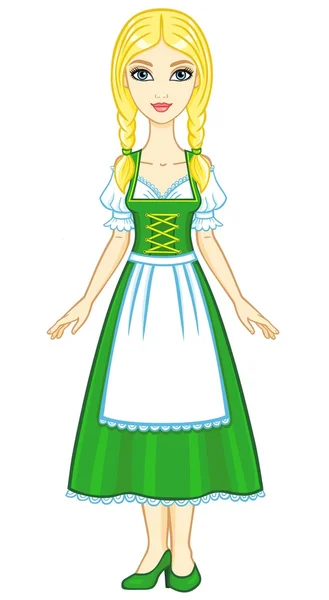 Muchacha joven de animación en un vestido bávaro antiguo. Crecimiento total. La ilustración vectorial aislada sobre un fondo blanco . — Vector de stock