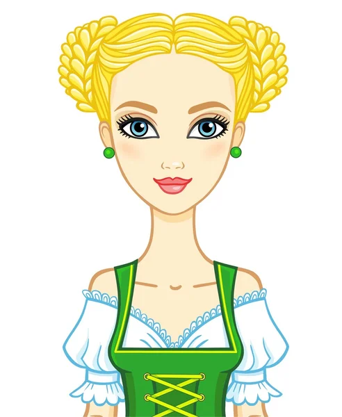 Muchacha joven retrato de animación en una antigua vestimenta bávara.Ilustración vectorial aislada sobre un fondo blanco . — Vector de stock