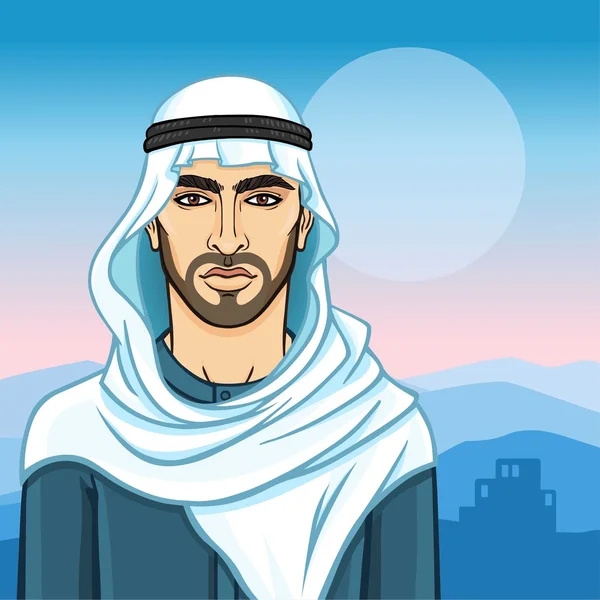 Retrato de animación del hombre árabe en un keffiyeh. El fondo - el paisaje montañoso, la silueta de casa. Ilustración vectorial . — Vector de stock