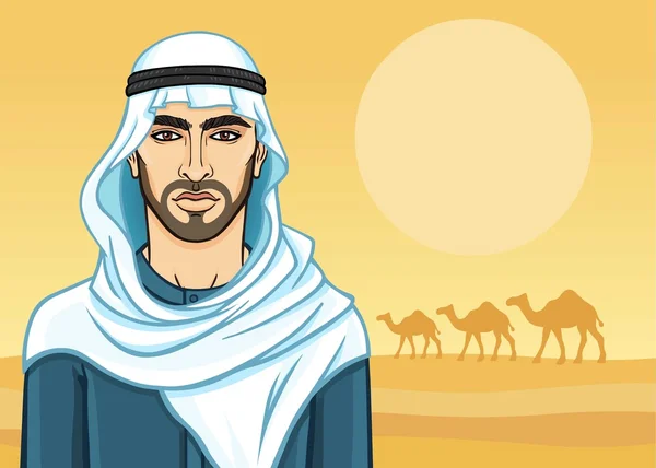 Animationsporträt des arabischen Mannes in einem Keffiyeh. Hintergrund: die Wüste, eine Karawane von Kamelen. Vektorillustration. — Stockvektor