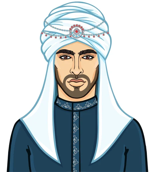 Portret van de jonge aantrekkelijke Arabische man in een tulband. De vector illustratie geïsoleerd op een witte achtergrond. — Stockvector